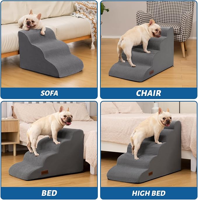 Aodisman Dog Steps for Bed or Couch,4-Step Pet Stairs Ramp for Small Dogs | 17.4" H Indoor Non-Slip Dog Stairs Help Senior Dogs,Short-Legged Breeds,Puppies and Cats to Reach Beds and Chairs,Grey - Image 3