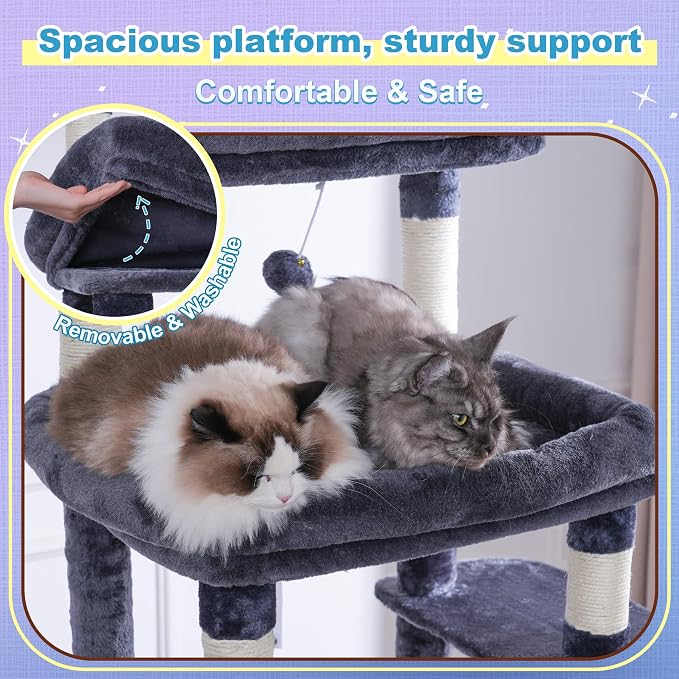 Hey-brother Cat Tree Tower with Extra Large Platform and Basket, MPJ080G | 71.7 Inches Scratching Posts with Specious Condo, 2 Cozy Hammocks, Scratch Board for Indoor Adult Cats, Maine Coon Smoky Gray - Image 3