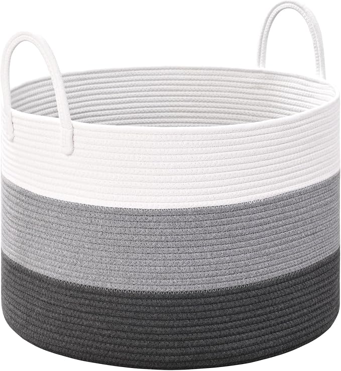 67L Large Woven Blanket Basket, Cotton Rope Baby Laundry Hamper with Handles, Kids Toy Basket for Classroom & Nursery, Soft Round Stuffed Animal Storage, Dog Toy Bin - 20"x13", Gray by Degeyoyo