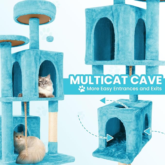 57inch Large Cat Tree Tower Condo for Indoor Cats, Soft Plush Multi-Level Climbing Tree Cat House with Cat Cave, Scratching Post, More Entrance/Exit, Sisal Rope, Light Blue - Image 3