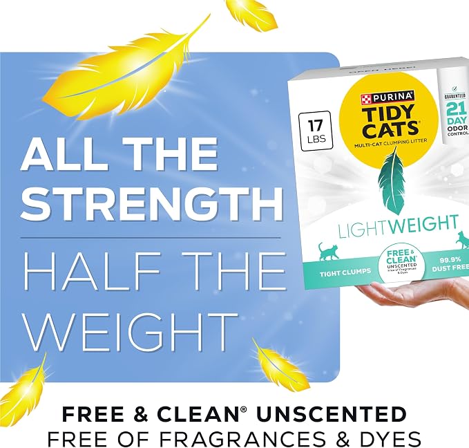 Purina Tidy Cats Low Dust Clumping Cat Litter, LightWeight Free & Clean Unscented, Multi Cat Litter - 17 lb. Box | Unscented, charcoal-powered formula offers 21-day odor control and tight, dust-free clumping. - Image 4