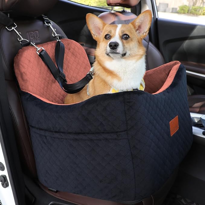 Dog Car Seat for Small/Medium Dogs,Pet Booster Seat with Harness,Memory Foam and Velvet,Safety Comfy Car Travel Pets Carrier,Interior Elevate,Washable and Detachable,Storage Pocket.(H-Black/Brown) by VERGODPRODogCarSeatBed