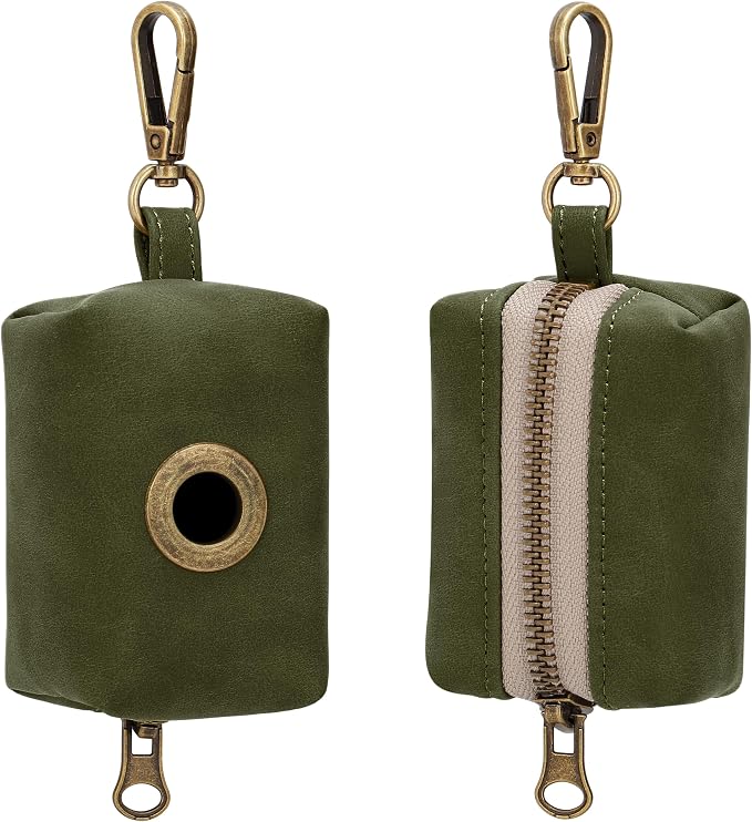 Didog Dog Poop Bag Holder for Leash, Stylish PU Leather, Dark Green | Easy Clean for Daily Walking, Quick to Install on Leash & Harness, Easy-Pull with Metal Clip, Includes 1 Roll Pet Waste Bag - Image 2