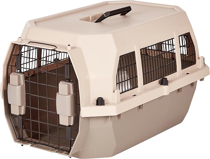 Amazon Basics Hard-Sided Dog and Cat Kennel, Single-Door Travel Pet Carrier with Metal Wire Ventilation, 23.6"L x 15.7"W x 13"H, Beige by AmazonBasics