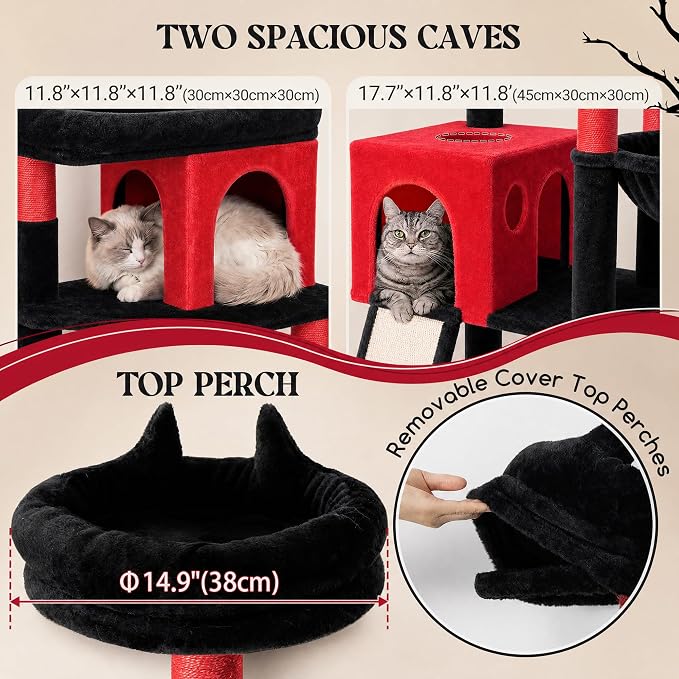 Globlazer Heavy Duty Gothic Cat Tree, 72in Large Cat Tower with Coffin Bed, Sturdy Maine Coon Cat Tree for Large Cats 20 lbs+, Medieval Castle Style with 6 Scratching Posts & Hammock, S72, Black & Red - Image 3
