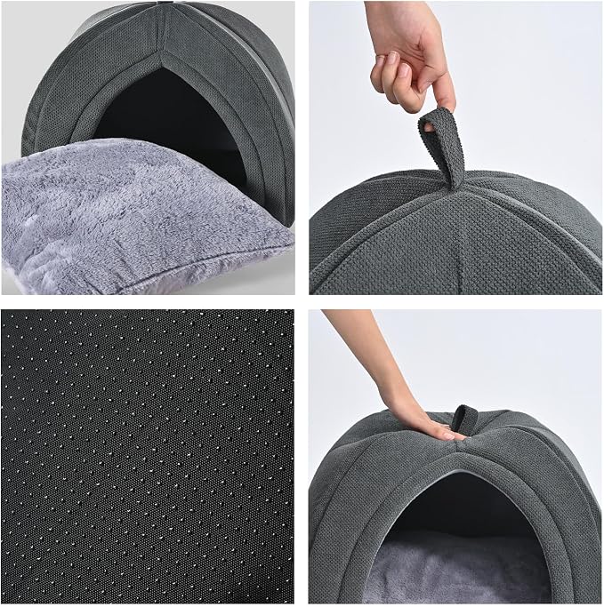 Amazon Basics Cat Cave Bed, 2-in-1 Foldable House for Indoor Cats, with Washable Cushion and Non-Slip Base, 17.5 x 17.5 Inches, Large - Image 2
