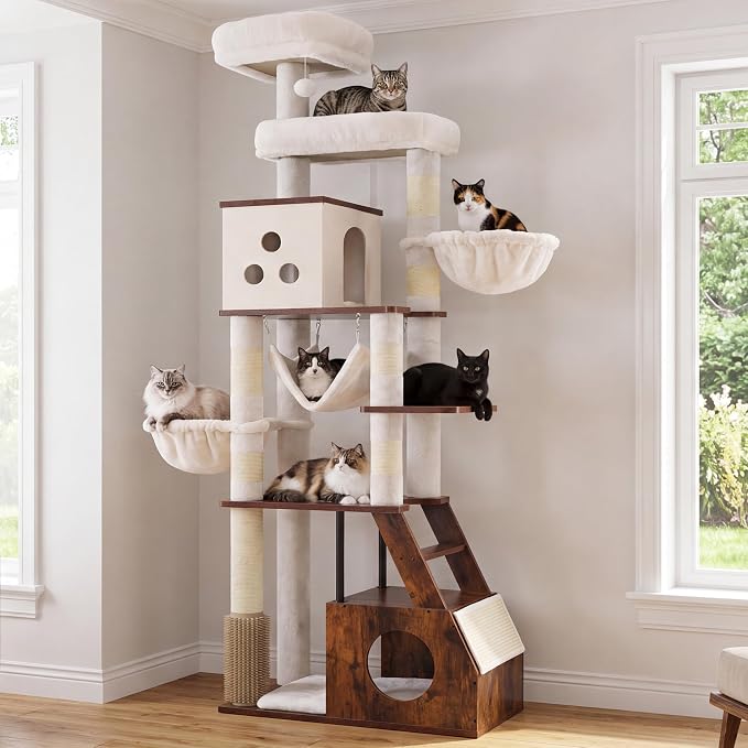 Heybly Wooden Cat Tree, 75" Cat Tower with Large Loft-Style Condo HCT123SR | Grooming Brush Cat Furniture with Side Scratch Area, Climb Stairs, Hammock, 2 Baskets, Dual Perches, Easy Clean, Rustic Brown - Image 9