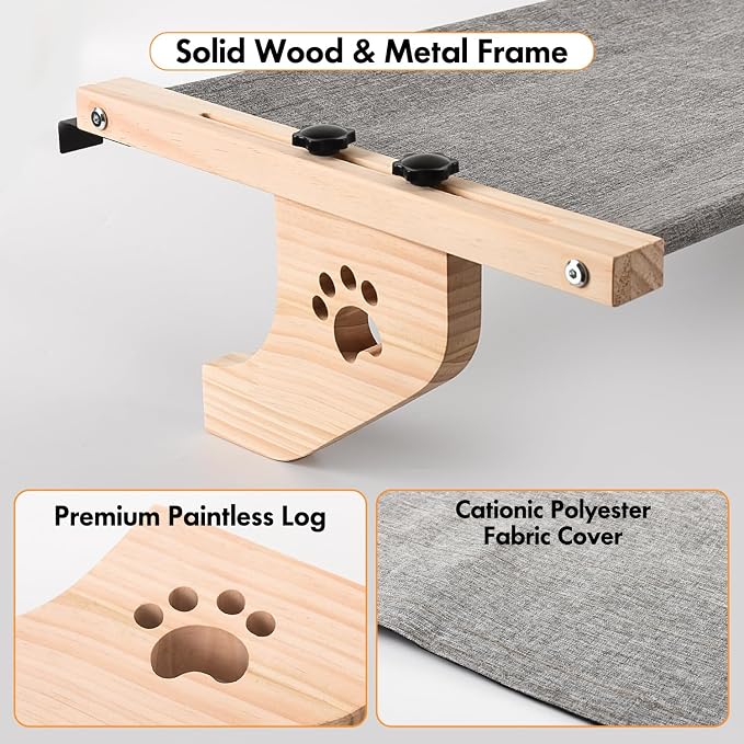 AMOSIJOY Cat Windowsill Perch with Wood & Metal Frame for Large Cat, 27.5in | Solid Wood Frame, Easy to Adjust, Washable Berber Fleece Cover, No Suction Cups Cat Window Seat for Windowsill, Bedside - Image 5