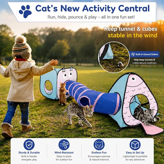 Rypet Cat Toy Tunnel and Cubes Bundle, Play Tubes for Indoor Cats, Blue | 3-in-1 Tunnel Cubes Tent, Crinkle Tube for Play, DIY Shapes, Ball and Bell for Play, Tear-Resistant Polyester, Folds Flat - Image 5