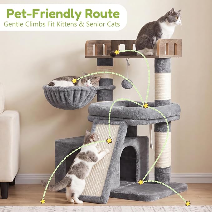 Heybly Cat Tree, Multi-Season Stable Cat Activity Tower, HCT207SW | Wooden Top Platform Cat Tower, Soft Plush Perch, Sisal Scratching Board, Cat Basket & Cozy Kitten Cat Condo, Light Gray - Image 8