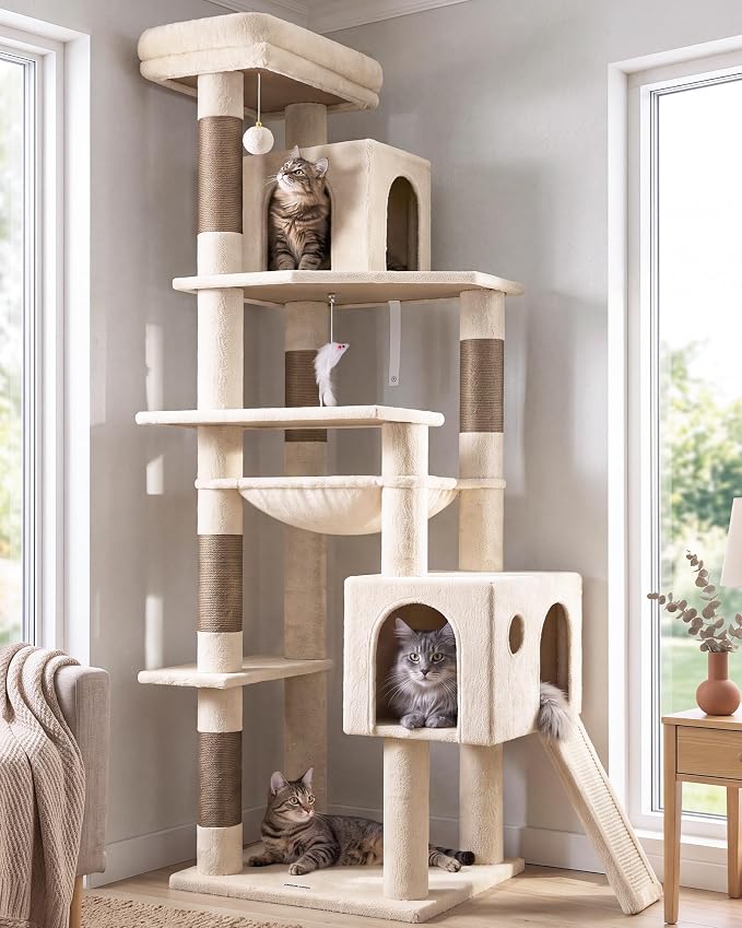 Globlazer Heavy Duty Cat Tree Tower, 70inch Sturdy Cat Tree for Indoor Cats Sturdy Large Cat Tower with Scratching Post and Scratching Board, Hammock, Cat Condo for Adult Cats Kittens, F70 Pro, Beige by Globlazer