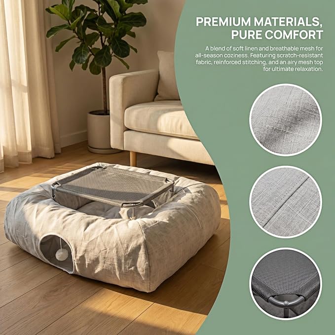 XXL 2-Tier Cat Tunnel & Hammock Bed, Scratch-Proof Linen, for All Cats Toys | XxingSheep 4 Cave Premium Hemp Fabric Cat Tunnel Bed for Indoor Cats Toys Cave Donut with Soft Mat & Toys - Image 3