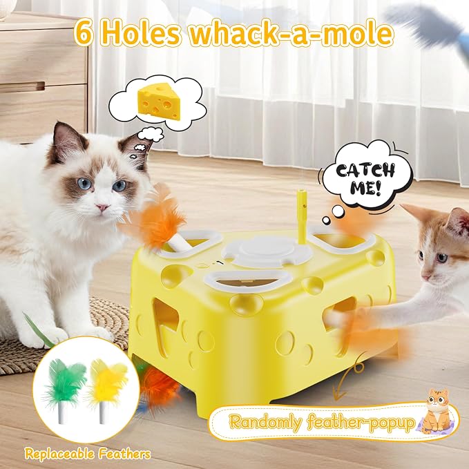 Automatic Cheese-Shaped Interactive Cat Toy – Flying Bird, 6-Hole Mole & Rotating Feather | USB Rechargeable Electronic Feather Toy for Indoor Adult Cats & Kittens, Relieves Boredom | Cheese-shaped non-slip base, 3 play modes, USB-C rechargeable 1200mA... - Image 5