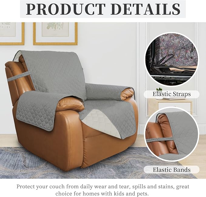 ISSUNTEX Double Protection 100% Waterproof Recliner Covers for Living Room, Reversible Furniture Protector Recliner Couch Sofa Slipcover for Dogs, Pets, Kids (Oversized Recliner, Light Gray/Ivory) - Image 5