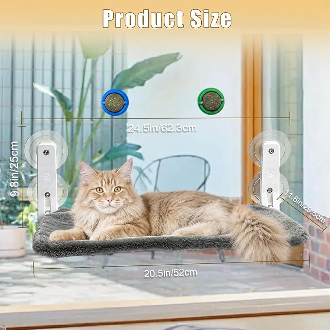 Cat Window Perch Hammock with 2 Washable Plush Covers, Cozy Window Bed for Cats with Catnip Toys, Window Mounted Cat Bed for Indoor Cats to Sunbathe and Relax - Image 4