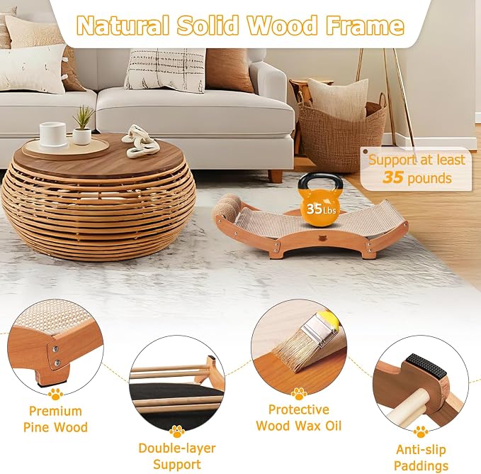 3 in 1 Sisal Cat Scratcher Bed, Solid Pine Cat Scratcher with Balls (Wood) | Extra Large Cat Scratching Post with Hammock, Cat Scratcher for Scratch & Play & Rest, Cat Furniture for Indoor Cats, Kitten - Image 6