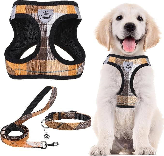 PUPTECK Dog Harness, Collar and Leash Set No Pull for Small Medium Sized | Plaid Puppy Step-in Escape Proof Reflective No Choke Pet Cat Adjustable Walking Vest by PUPTECK