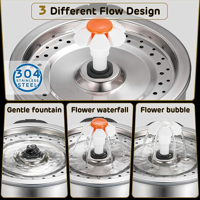 iPettie Cat Water Fountain Stainless Steel, 84oz/2.5L, 4-Stage Filtration | Ultra Quiet Metal Cat Water Fountain with LED Light & Filter for Pet, Kitty & Dog - Image 5