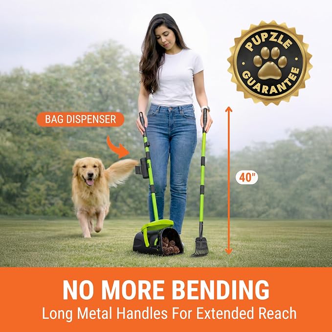 Pupzle Dog Pooper Scooper with Bag Attachment, 40" Long Handle Dog Scooper | Dog Poop Scoop for Yard, Large Capacity Swivel Bin and Rake Pooper Scooper, Lavender Scented Bags for Large Dogs (Green) - Image 2