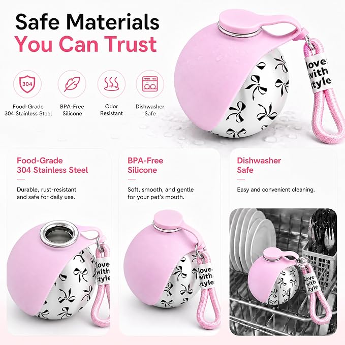 Portable Dog Water Bottle for Walking, 10oz Stainless Steel Pet Water Dispenser with Foldable Silicone Bowl, Leak-Proof Puppy Water Bottle for Small Dogs&Cats,Travel Hiking Outdoor Use(Pink Bow Print) - Image 3