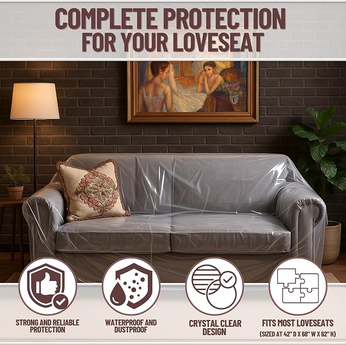 Evelots Clear Vinyl Loveseat Cover, Spill-Resistant 2-Seat Sofa Protector | Heavy-duty vinyl helps protect loveseats from pet claws, stains, dust and spills; ideal for everyday use, moving and storage. - Image 4