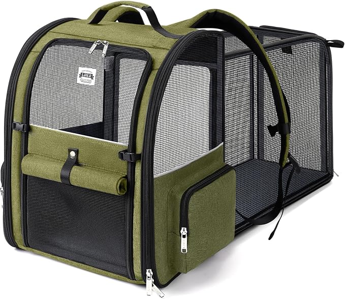 Large Cat Backpack Carrier Expandable Pet Carrier Backpack for Small Dogs Medium Cats Fit Up to 18 Lbs, Dog Backpack Carrier, Foldable Puppy Backpack Carrier for Travel, Hiking,Dark Green by LEKEBOBOR