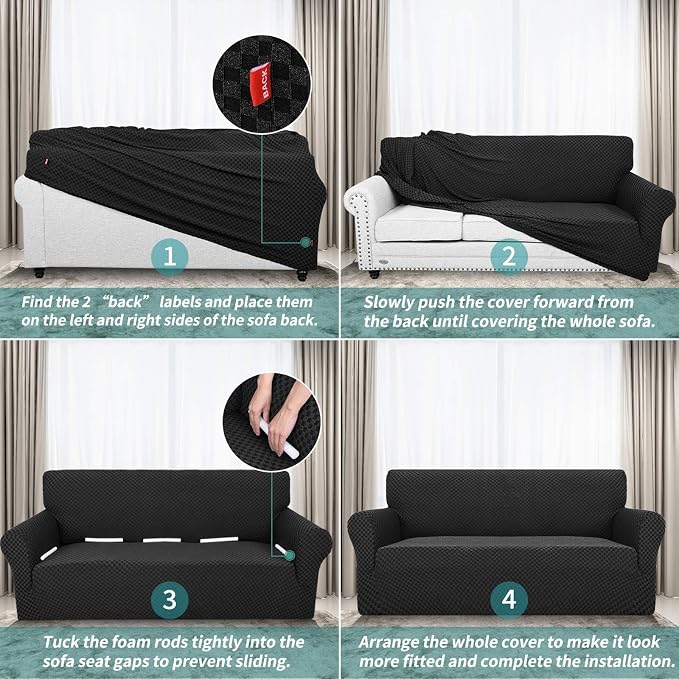 YEMYHOM Couch Cover Latest Jacquard Design High Stretch Sofa Covers for 3 Cushion Couch, Pet Dog Cat Proof Slipcover Non Slip Magic Elastic Furniture Protector (Large, Black Checkered) - Image 7