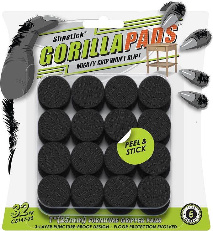 GorillaPads 1 Inch Non-Slip Furniture Pads/Gripper Feet Skids (Set of 32) Self Adhesive Rubber Floor Protectors, Round, Black, CB147-32 by Slipstick