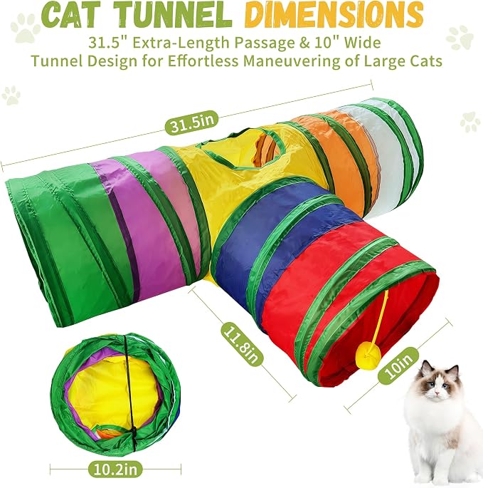 Cat Tunnel,Cat Tunnels for Indoor Cats Interactive, Pet Tunnel Toys for Cats Kitten Rabbits,3 Way Collapsible,Rainbow L 32" T Shape - Image 3