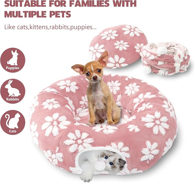 Cute Round Cat Tunnel for Indoor Cats, Pink | Peekaboo Cat Cave with Dangling Balls, Pet Donut Tunnel Bed with Circle Mat for Puppy Kitten Rabbit - Image 4