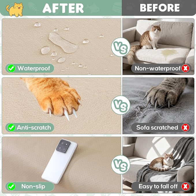 Loiion Cat Scratch Couch Cover Waterproof Sofa Cover 150"x91" Almond | Pet-Friendly Couch Protector, Anti-Scratch & Non Slip Sofa Cover For Cats Dogs Kids, Machine Washable - Image 2