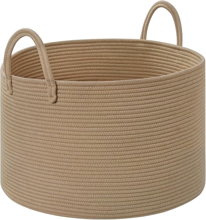 67L Large Woven Blanket Basket, Cotton Rope Baby Laundry Hamper with Handles, Kids Toy Basket for Classroom & Nursery, Soft Round Stuffed Animal Storage, Dog Toy Bin - 20"x13", Brown by Degeyoyo