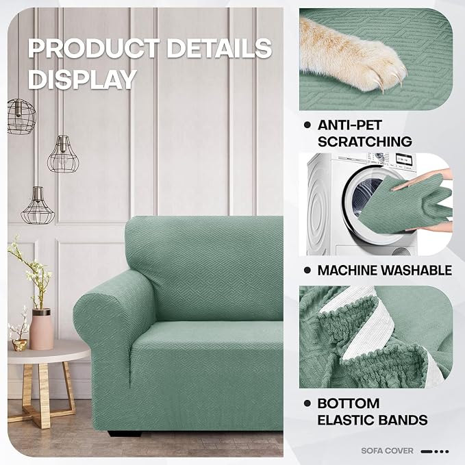 ZNSAYOTX 1 Piece Jacquard Couch Covers for 3 Cushion Couch High Stretch Sofa Cover for Pets Dogs Anti Slip Extra Large Sofa Slipcovers Furniture Protector (X-Large,New Pattern Pea Green) - Image 3