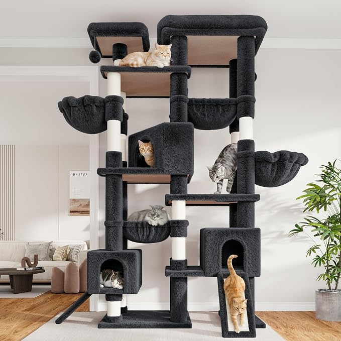 Sha Cerlin 87 in Multi-Level Tall Cat Tree Tower for Large Cats/Extra Wide Feline Activity Center/Sisal Scratching Posts/Wide Base/Cozy Plush Perches/Baskets/Hammocks/Toy Balls/Dark Grey - Image 2
