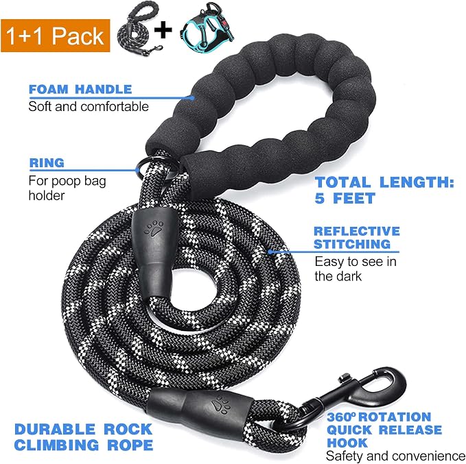 tobeDRI No Pull Dog Harness Adjustable Reflective Oxford Easy Control Medium Large Dog Harness with A Free Heavy Duty 5ft Dog Leash, Black/Blue, XL - Image 2