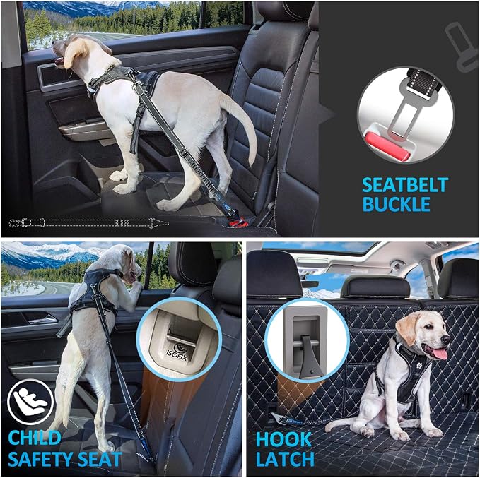Dog Seat Belt 3-in-1 Car Harness for Dogs Adjustable Safety Seatbelt for Car Nylon Reflective Bungee Fabric Dog Car Harness with Clip Hook Latch & Buckle, Swivel Zinc Alloy Carabiner (Black) - Image 6