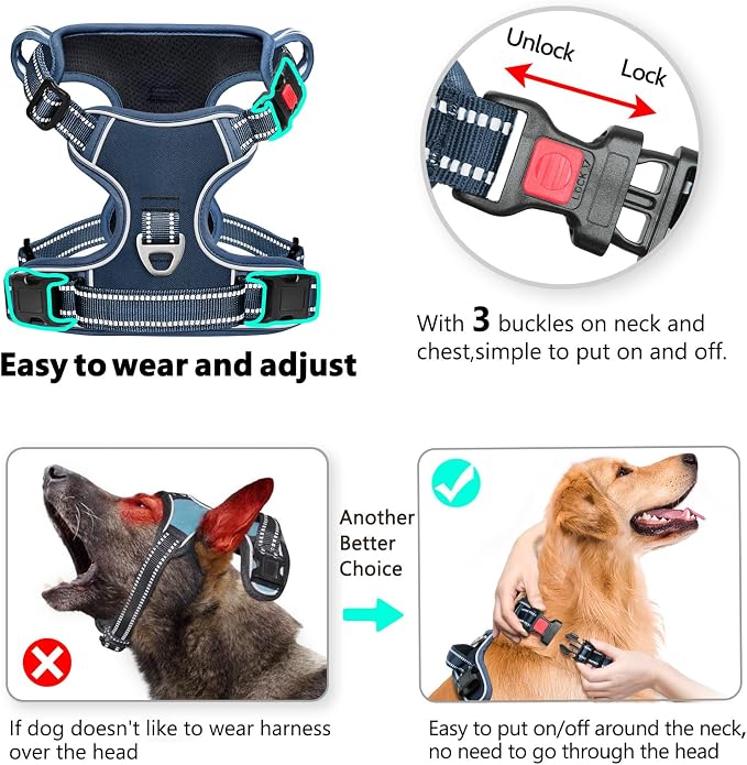Timos Dog Harness, No Pull Large Sized with 3 Buckles, Royal Blue, XL | Reflective, No Choke, Easy On & Off, Adjustable Soft Padded, Front & Back 2 Clips and Control Handle for Walking Training - Image 2
