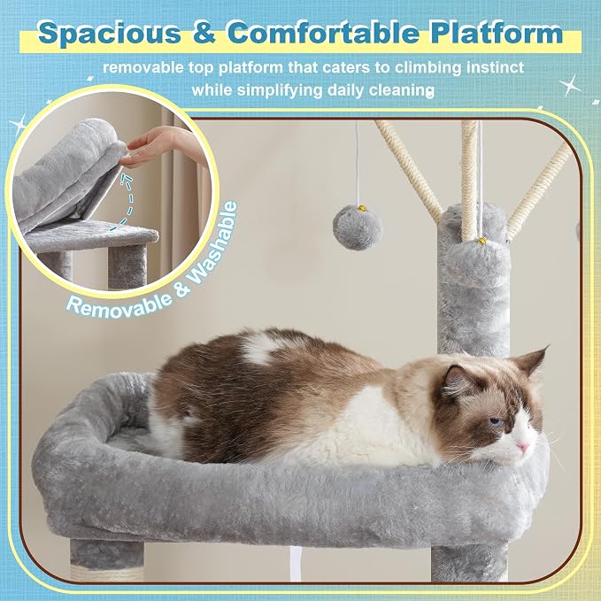 Hey-brother Cat Tree Tower with 3 Condos, Step Climbing Pathway MPJ081W | 74.8 Inches Scratching Post with 3 House, Hammock, Large Basket, Cozy Bed, Sisal Board, Toys for Big Indoor Cats, Light Gray - Image 5