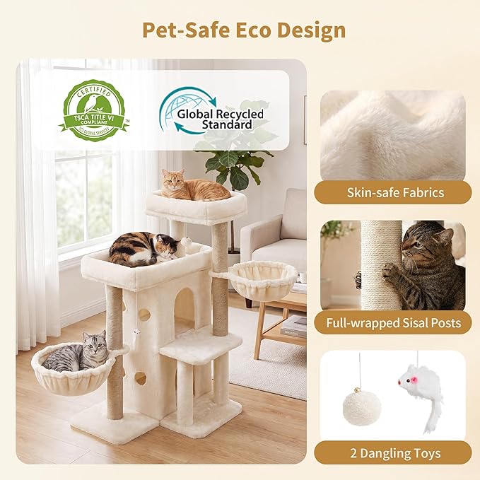 Heybly Cat Tree with Reinforced Big Base, 41.3 in Sturdy Cat Tower HCT075MJ | Indoor Cat Furniture Featuring 2 Roomy Platforms, Double Condos, 2 Cozy Baskets, Full Sisal Scratching Posts, Beige - Image 5
