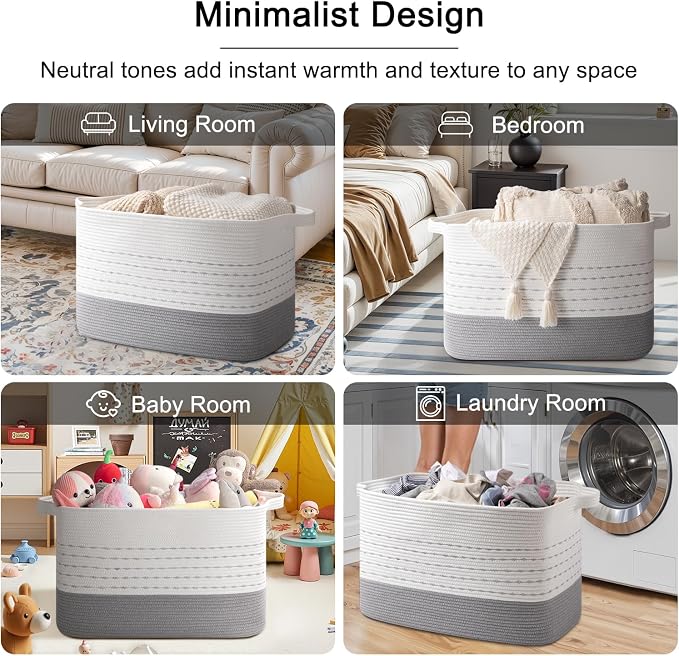 OIAHOMY 108L Extra Large Blanket Basket, 25”x16”x16” Rectangle Woven Cotton Rope Baskets for Living Room, Toy Storage with Handle- Gradient Grey - Image 6