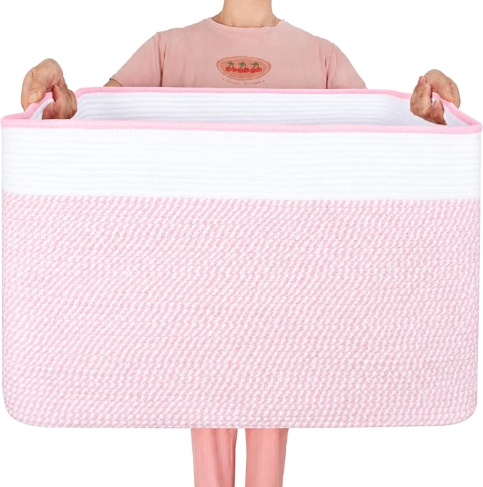 MINTWOOD Design 112L Extra Large Blanket Basket Holder Living Room, 25"x17"x16" Rectangle Rope Woven Storage Basket with Handles for Laundry, Towels, Shoes, Dog Toy Organizer Bin Box, Light Pink by MINTWOODDesign