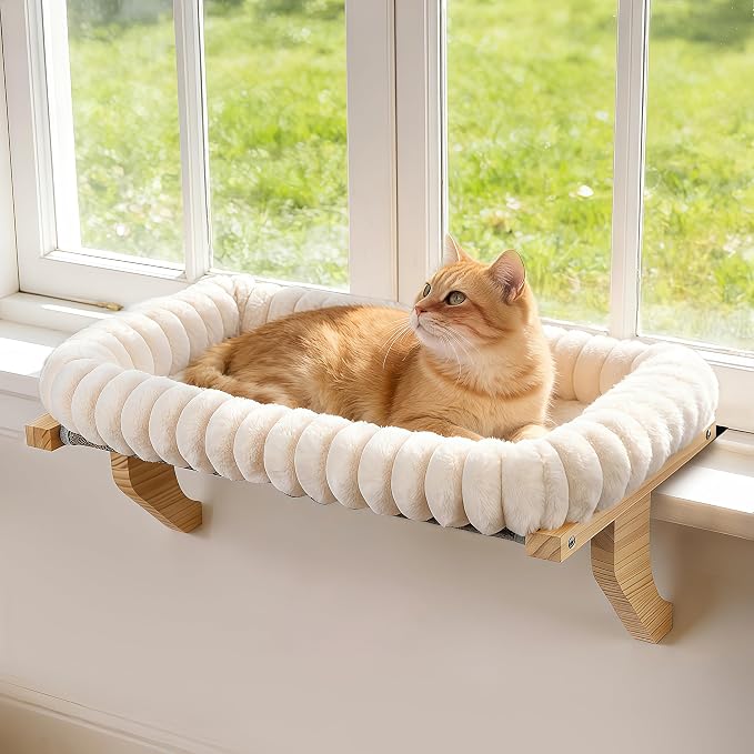 Zoratoo Cloud-Soft Wooden Cat Window Sill Perch with Zipper Cushion,M White | 21.7’’x18’’, Removable for Machine Wash, Fluffy Plush Bolster, Sturdy Metal Frame for Large Cats up to 40lbs, Easy to Adjust by Zoratoo