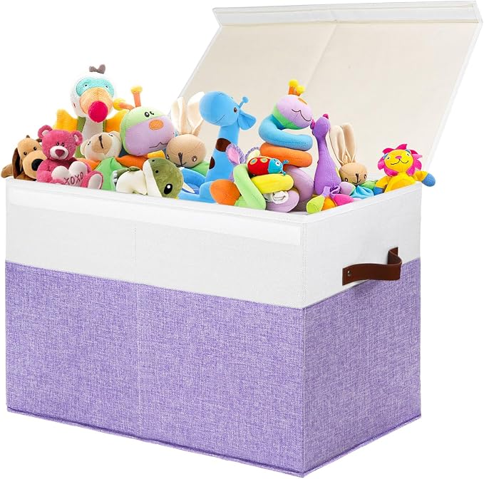 Large Toy Storage Box with Lid, Toy Chest Bin Boxes Basket with Dividers | Sturdy Toy Organizer Bin for Kids, Boys, Girls, Nursery, Living Room, Bedroom, Playroom 25"x13" x16" (Purple and White) by Gowee