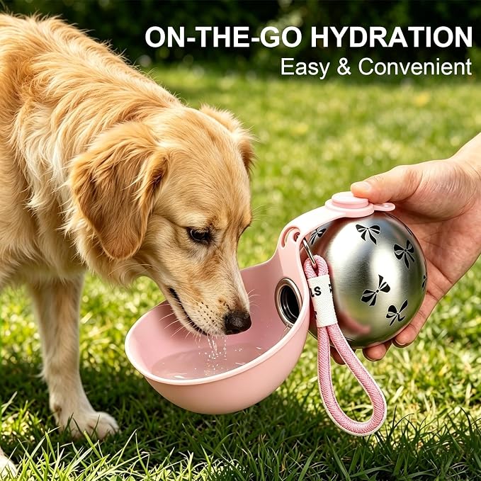 2 in 1 Portable Dog Water Bottle, 10 oz Leak-Proof Stainless Steel Bottle with Food-Grade Collapsible Silicone Bowl, Portable Hydration Gear for Walks, Hikes & Camping, Single Pink Printed Unit - Image 2