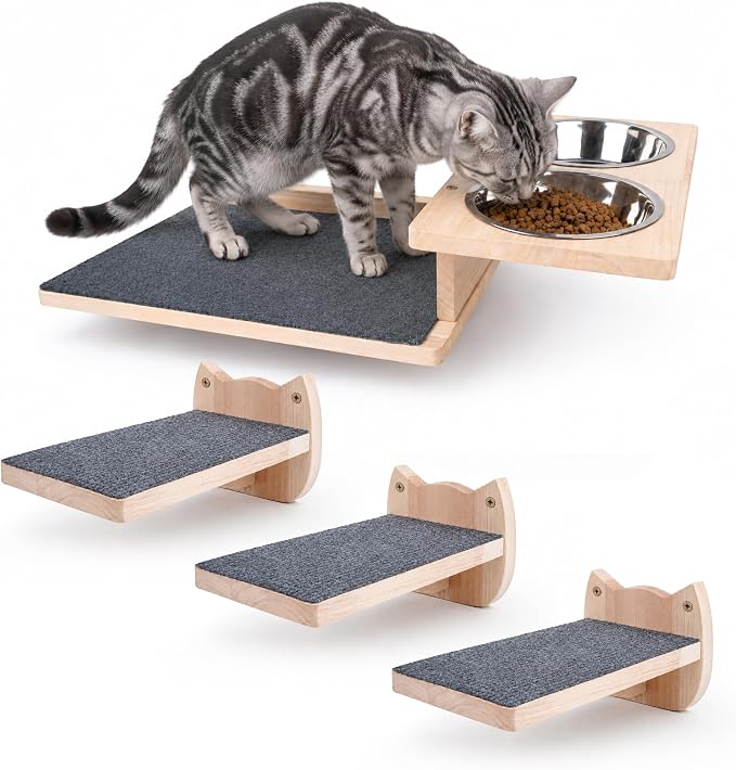 PatiencET Wall Mounted Shelves Cat Feeding Station with 3 Steps and 2 Bowls | Elevated feeding zone helps separate meals in homes with cats and dogs or multiple cats, plus a perch for climbing and rest. by patiencET