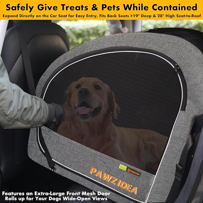 PAWZIDEA Portable Dog Crate for Car Travel, Medium & Large Dogs Up to 80lbs | Soft-Sided Dog Car Kennel for Backseat, Secures Seatbelt & Headrest Strap, Collapsible Enclosed Car Seat Carrier, Chew-Proof - Image 3