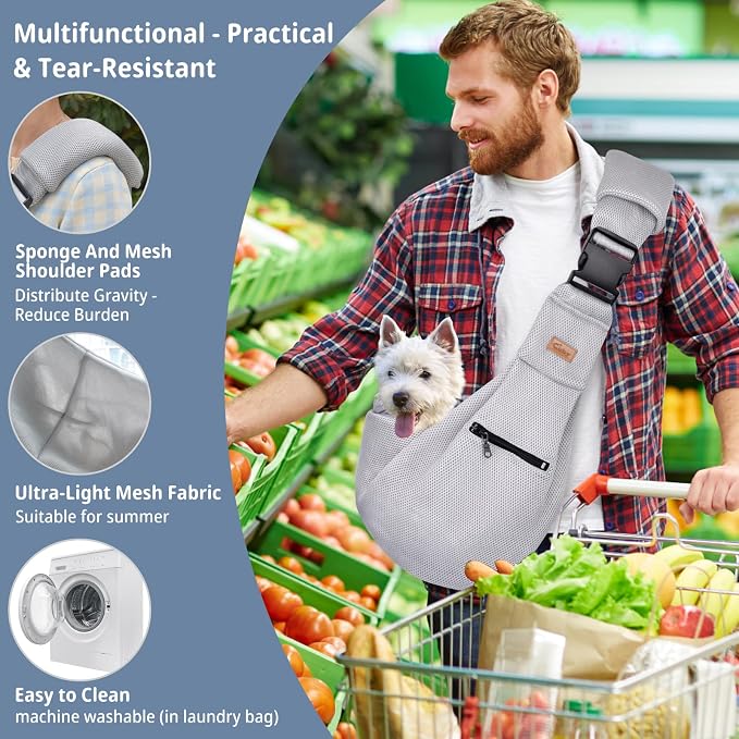 CUBY Dog and Cat Sling Carrier - Hands Free Breathable Mesh Small Dog Sling Carrier-Soft Pouch and Tote Design-Suitable for Puppy, Small Dog Cat Pets Carriers Sling Outdoor(Grey-Mesh,Adjust Strap 2.0) - Image 7
