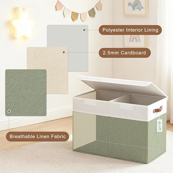 Bagnizer Large Toy Storage Box with Lids, Collapsible Sturdy Baby Storage Organizer Chest Bin Basket for Kids, Boys, Girls, Playroom, Nursery, Bedroom, Closet 25"x13"x16" (Green and White) - Image 3
