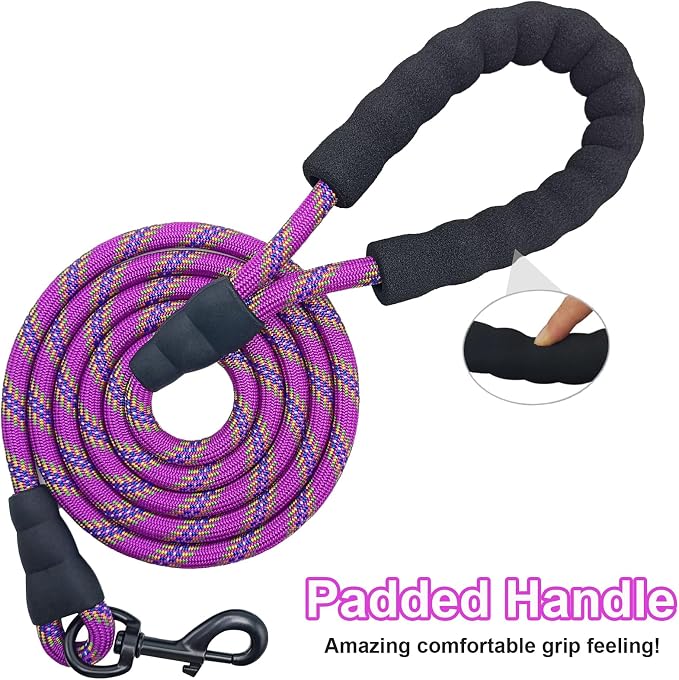 MayPaw Heavy Duty Rope Dog Leash, 6/8/10/15/20/30FT Long Nylon Pet Leash, Soft Padded Handle Thick Lead Leashes for Large Medium Dogs (Purple, 1/2" * 10') - Image 3