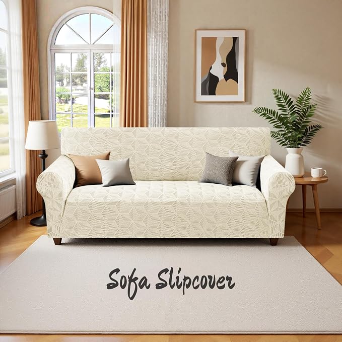 YEMYHOM 1 Piece Stretch Oversized Couch Covers for 4 Seat, Jacquard Extra Large Sofa Cover with Non-Slip Elastic Bottom, Thickened Slipcover Furniture Protector for Dogs Pets (X-Large, Beige） - Image 8